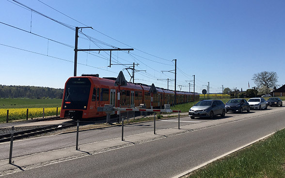 Un treno arancione della RBS e una colonna di auto ferme davanti a una barriera.